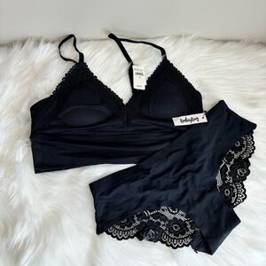 NWT Aerie Blossom Lace Padded Triangle Longline Bralette & Panty Set Black Small